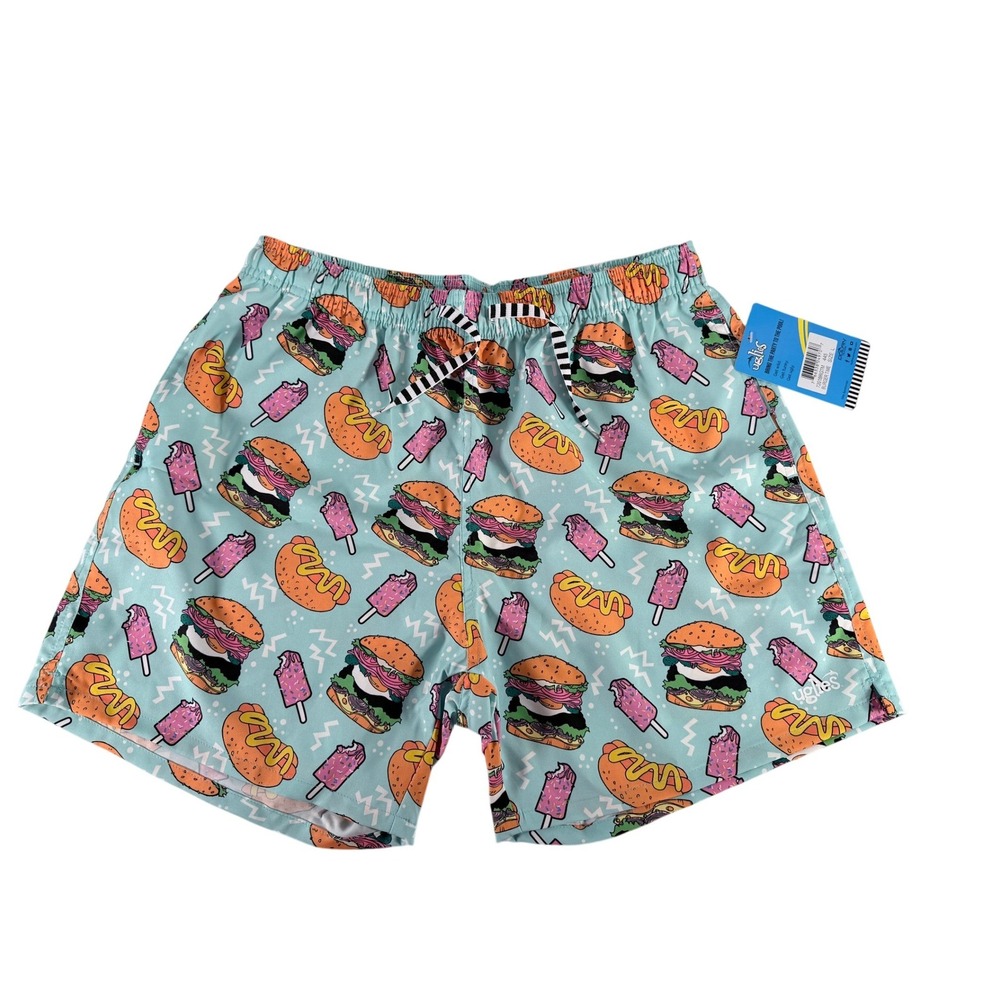 Dolfin Mens Uglies Burger Time‎ 5" Shorty Swim Shorts Turquoise Size L NWT